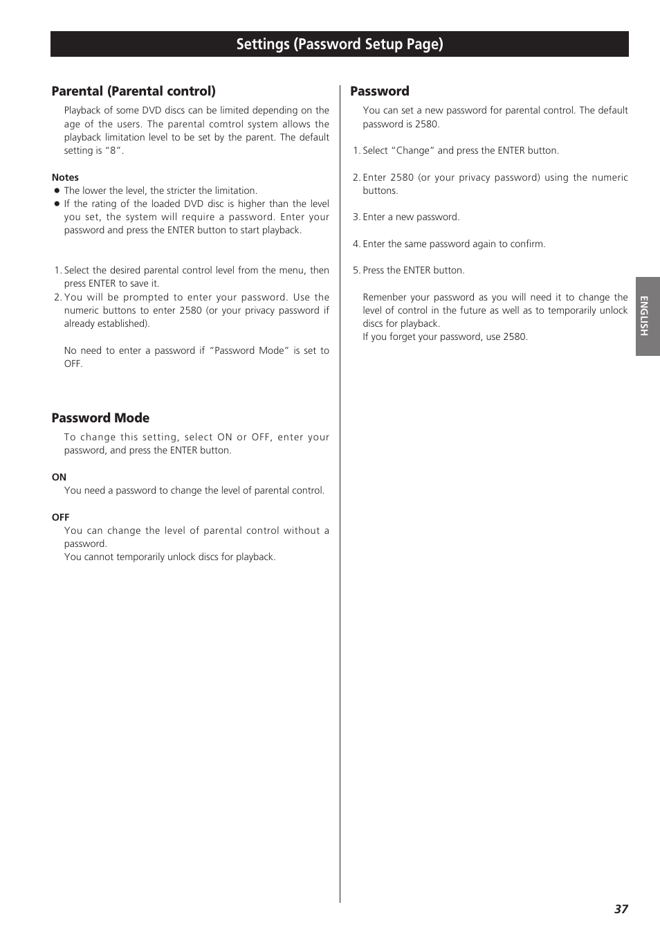 Settings (password setup page), Parental (parental control), Password mode | Password | Teac DR-H300 User Manual | Page 37 / 136