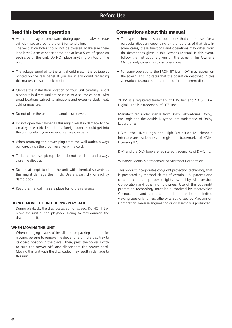 Before use, Read this before operation, Conventions about this manual | Teac DR-H300 User Manual | Page 4 / 136