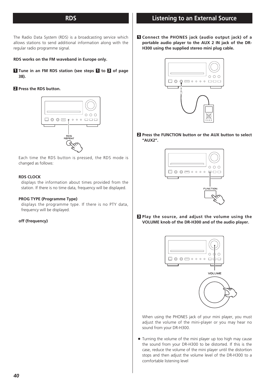 Rds listening to an external source | Teac DR-H300 User Manual | Page 40 / 136