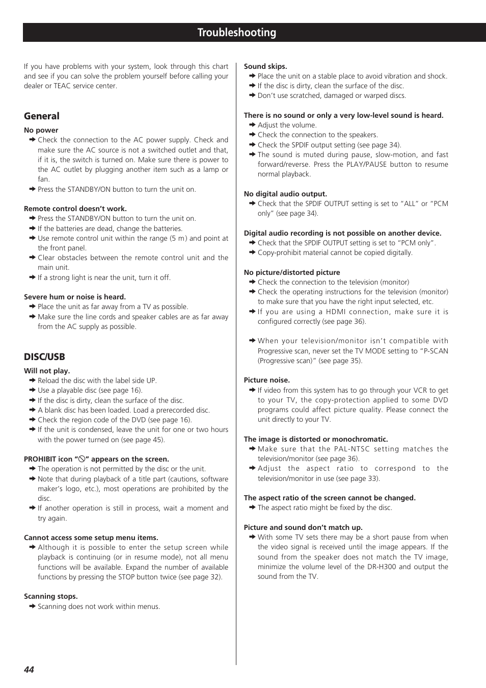 Troubleshooting, General, Disc/usb | Teac DR-H300 User Manual | Page 44 / 136
