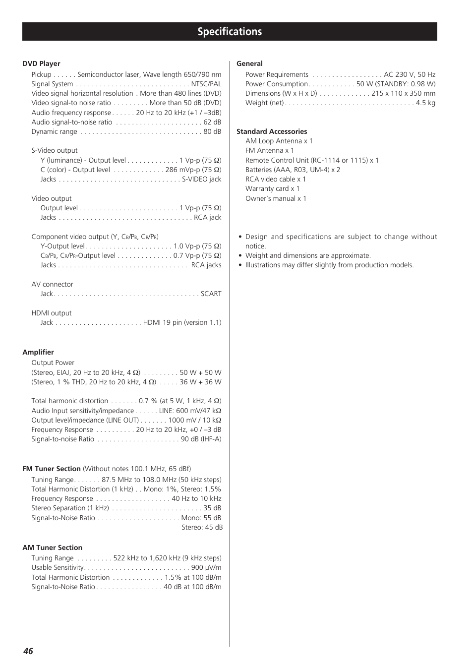 Specifications | Teac DR-H300 User Manual | Page 46 / 136