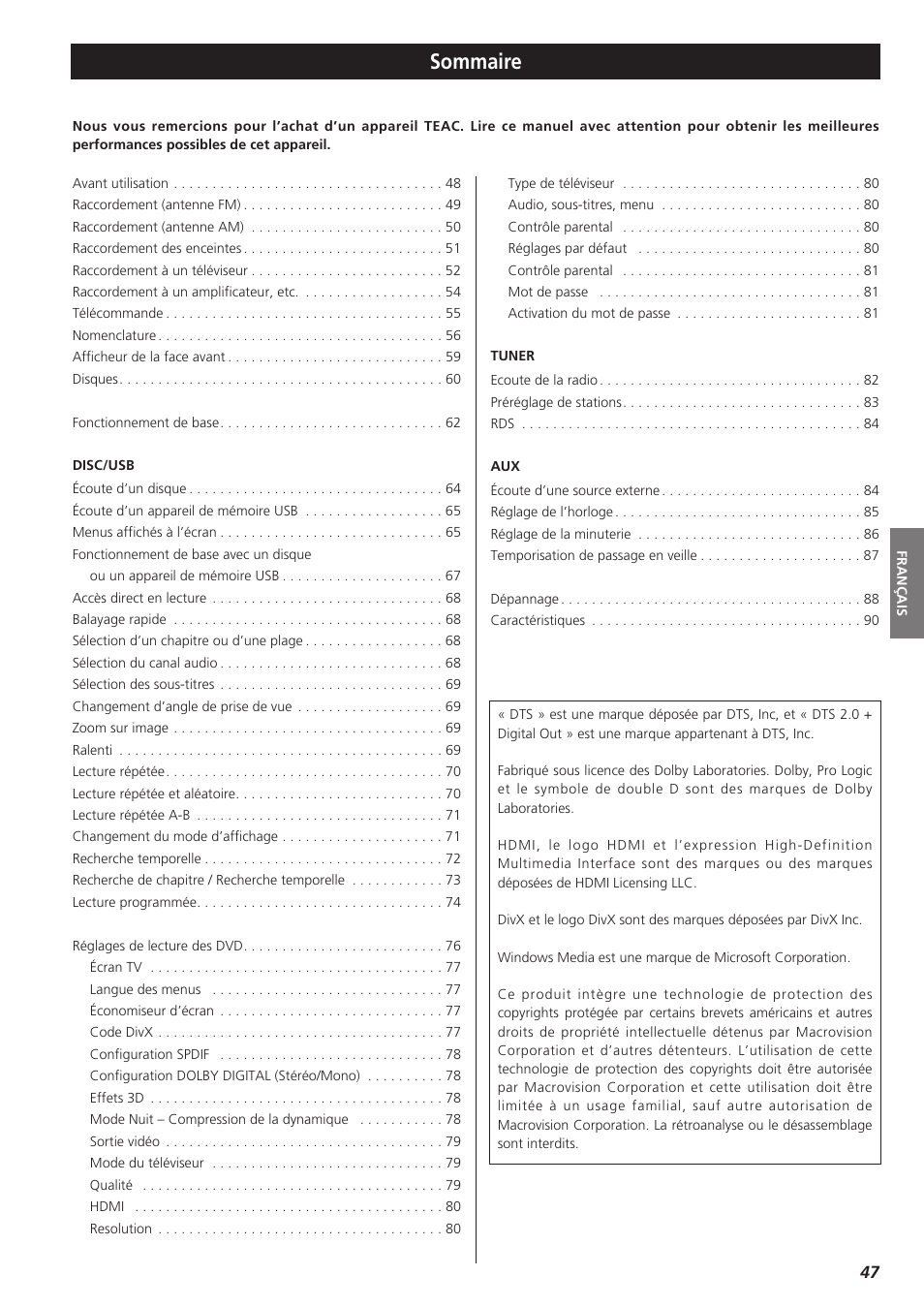 Francais, Sommaire | Teac DR-H300 User Manual | Page 47 / 136