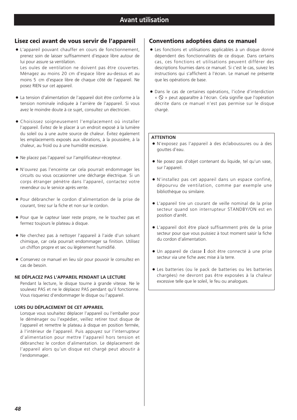 Avant utilisation, Lisez ceci avant de vous servir de l’appareil, Conventions adoptées dans ce manuel | Teac DR-H300 User Manual | Page 48 / 136