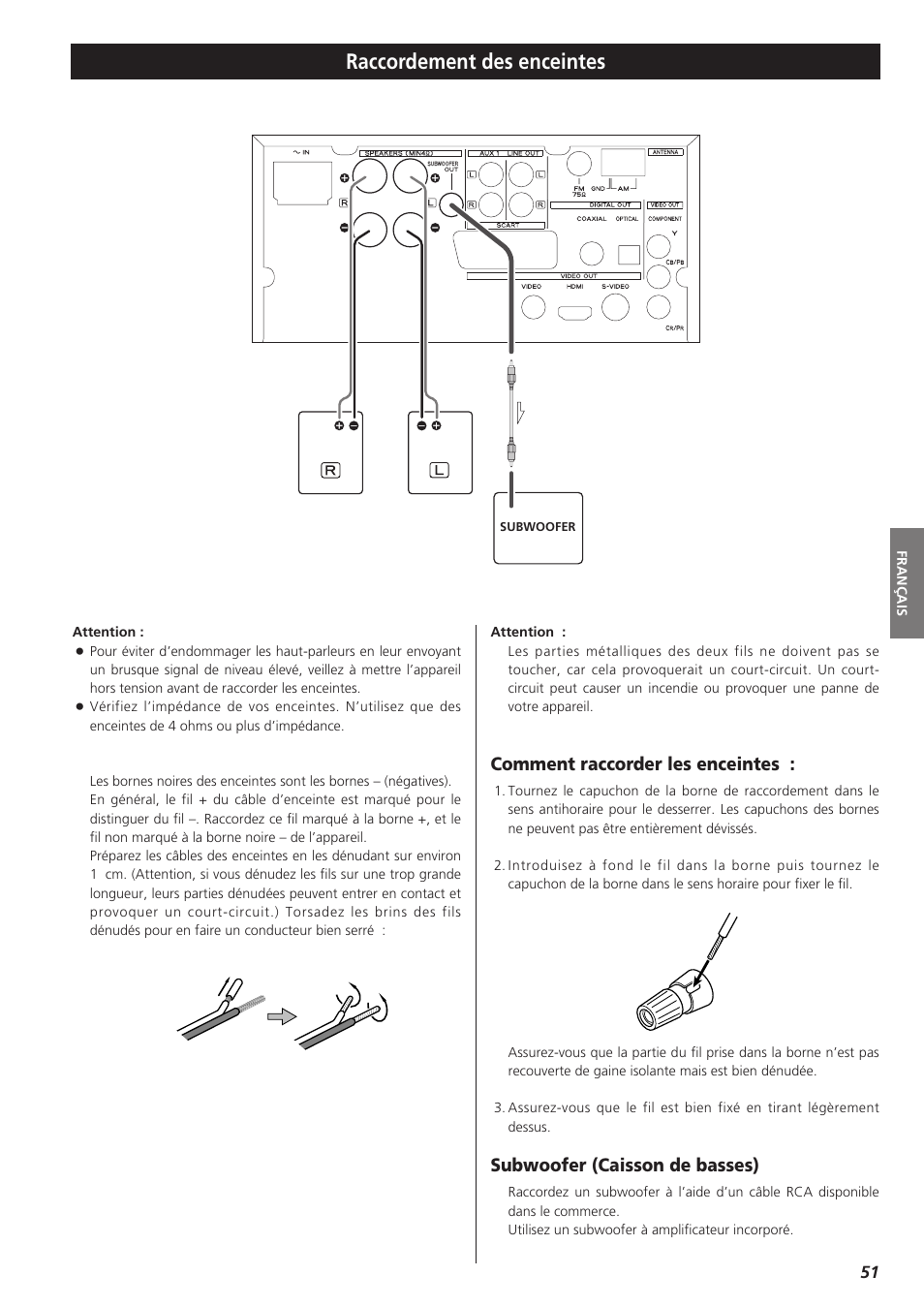 Raccordement des enceintes, Comment raccorder les enceintes, Subwoofer (caisson de basses) | Teac DR-H300 User Manual | Page 51 / 136