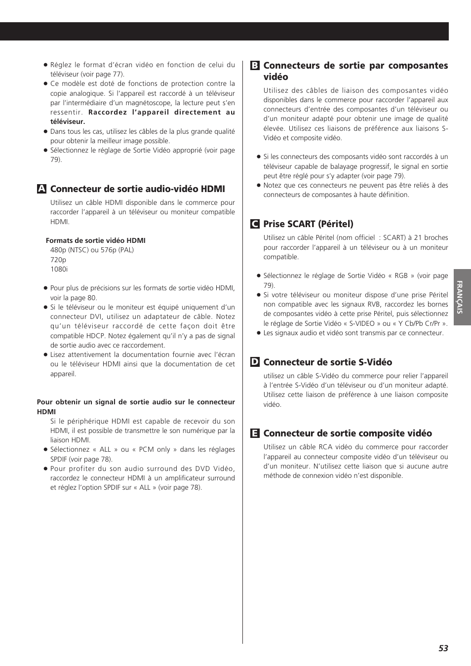 Connecteurs de sortie par composantes vidéo, Prise scart (péritel), Connecteur de sortie s-vidéo | Connecteur de sortie composite vidéo, Ed c b, Connecteur de sortie audio-vidéo hdmi | Teac DR-H300 User Manual | Page 53 / 136