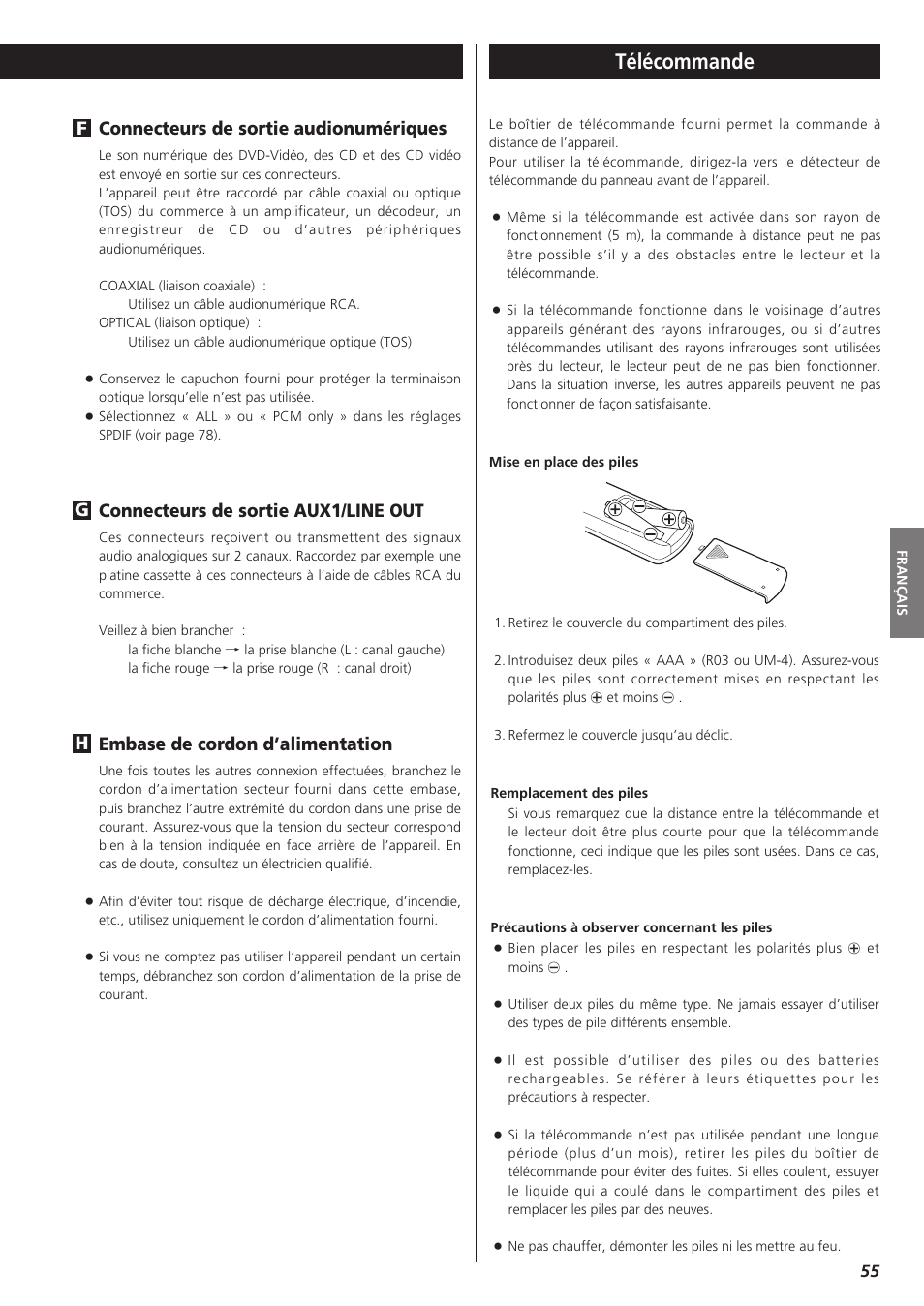 Télécommande, Connecteurs de sortie audionumériques, Connecteurs de sortie aux1/line out | Embase de cordon d’alimentation, Hg f | Teac DR-H300 User Manual | Page 55 / 136