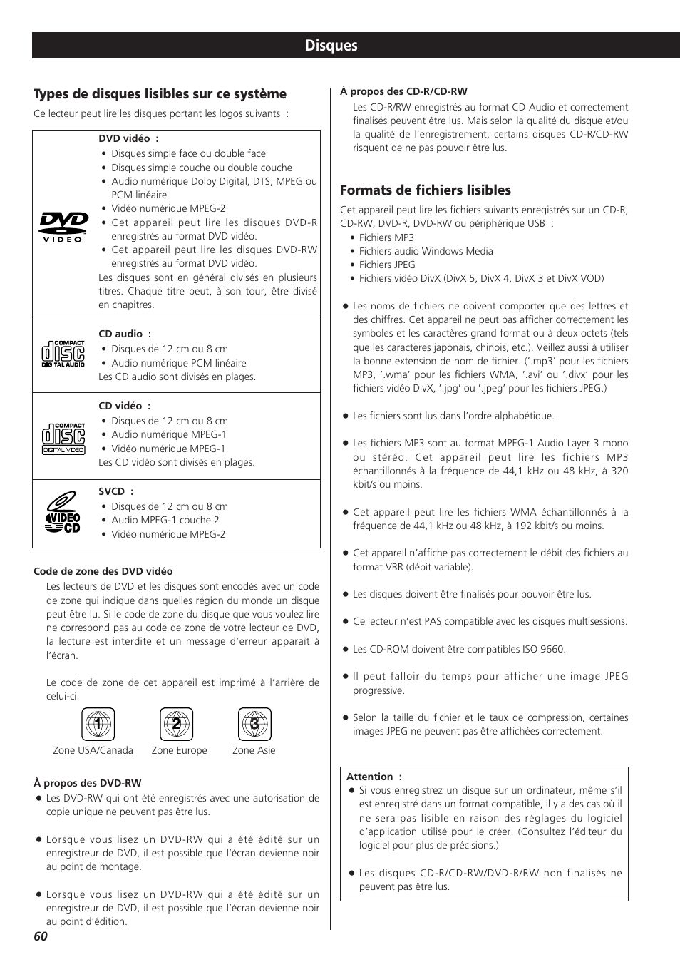 Disques, Types de disques lisibles sur ce système, Formats de fichiers lisibles | Teac DR-H300 User Manual | Page 60 / 136