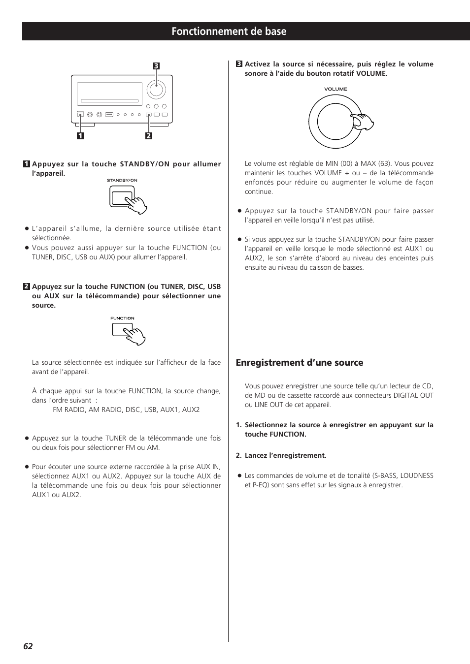 Fonctionnement de base, Enregistrement d’une source | Teac DR-H300 User Manual | Page 62 / 136