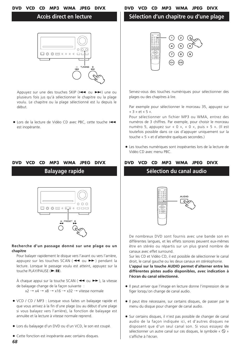 Balayage rapide, Accès direct en lecture, Sélection d’un chapitre ou d’une plage | Sélection du canal audio | Teac DR-H300 User Manual | Page 68 / 136