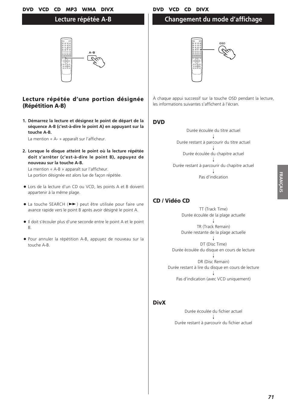 Lecture répétée a-b, Changement du mode d’affichage, Cd / vidéo cd | Divx | Teac DR-H300 User Manual | Page 71 / 136