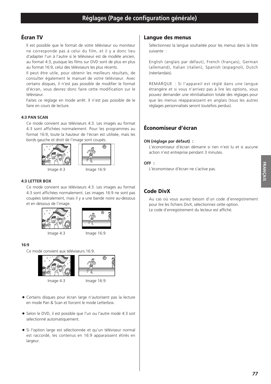 Réglages (page de configuration générale), Écran tv, Langue des menus | Économiseur d’écran, Code divx | Teac DR-H300 User Manual | Page 77 / 136