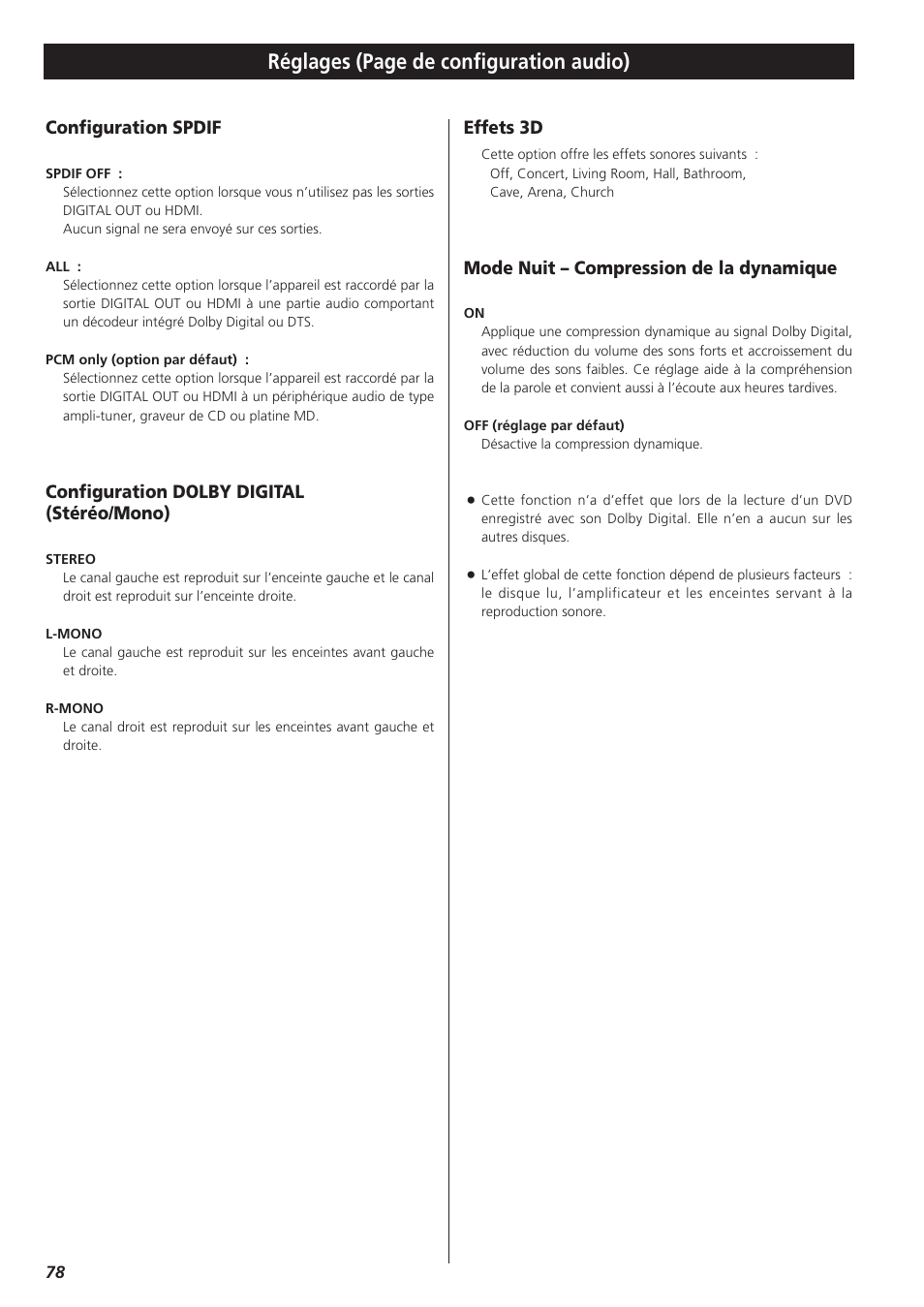 Réglages (page de configuration audio), Configuration spdif, Configuration dolby digital (stéréo/mono) | Effets 3d, Mode nuit – compression de la dynamique | Teac DR-H300 User Manual | Page 78 / 136