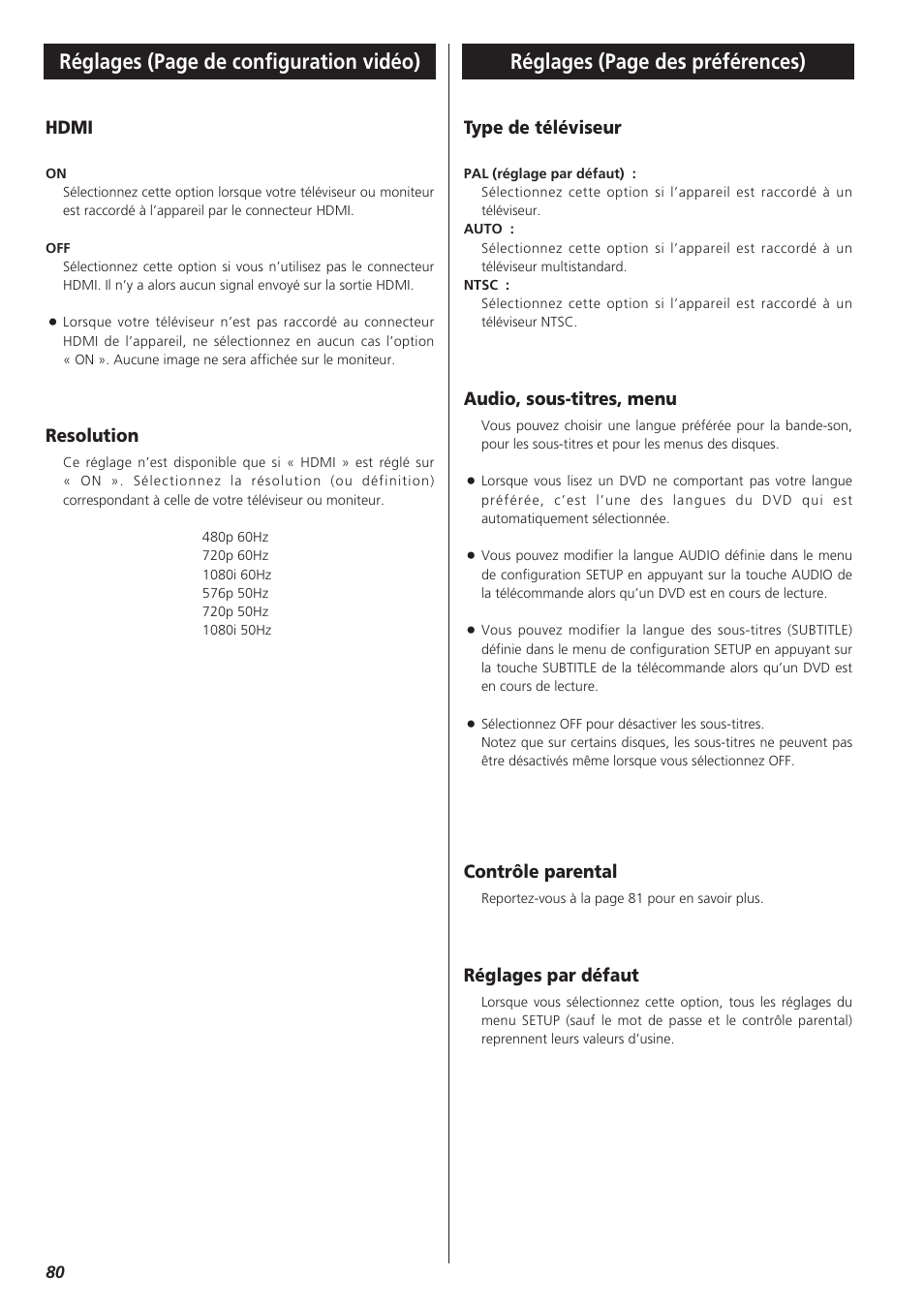 Hdmi, Resolution, Type de téléviseur | Audio, sous-titres, menu, Contrôle parental, Réglages par défaut | Teac DR-H300 User Manual | Page 80 / 136