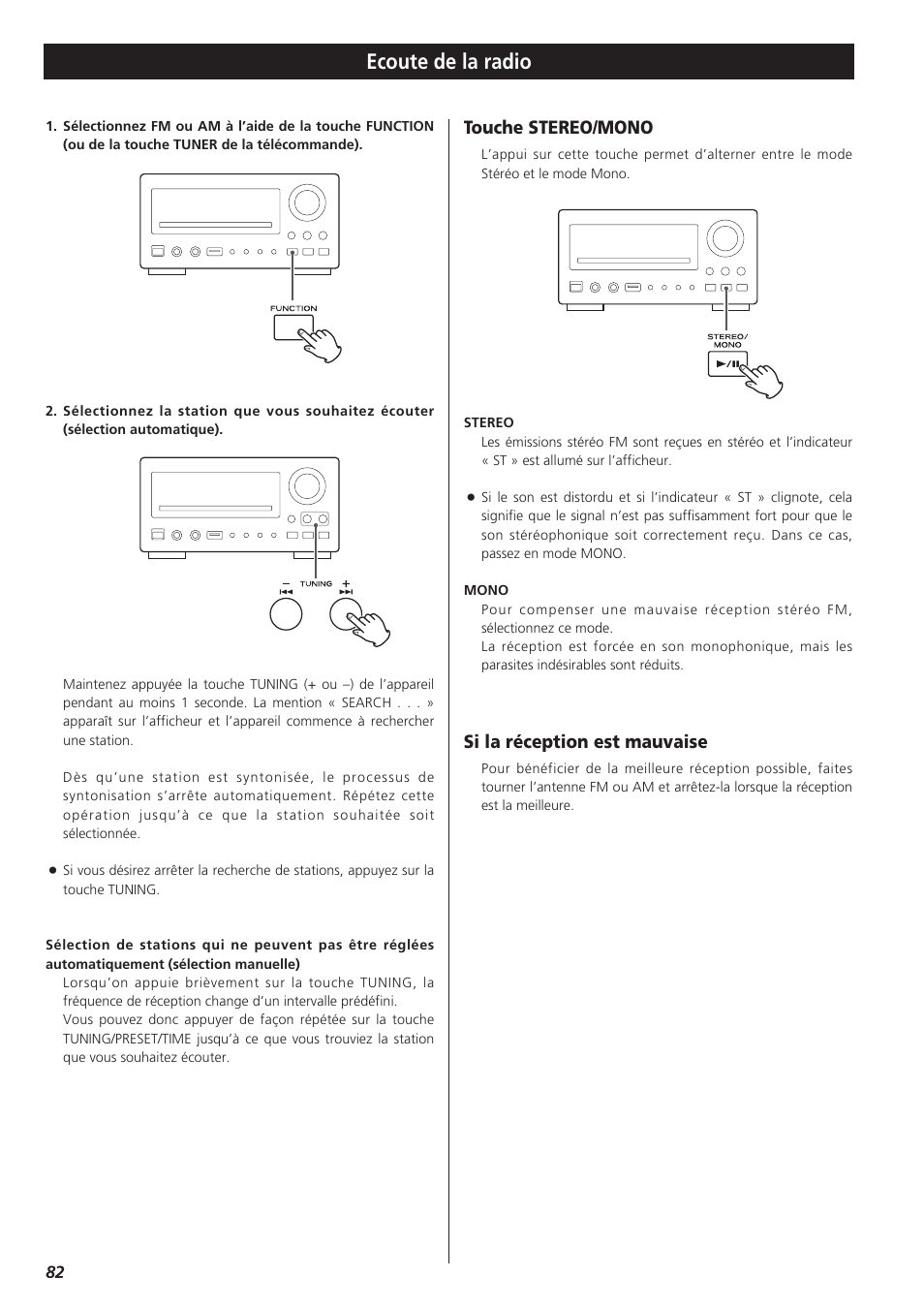 Ecoute de la radio, Si la réception est mauvaise, Touche stereo/mono | Teac DR-H300 User Manual | Page 82 / 136