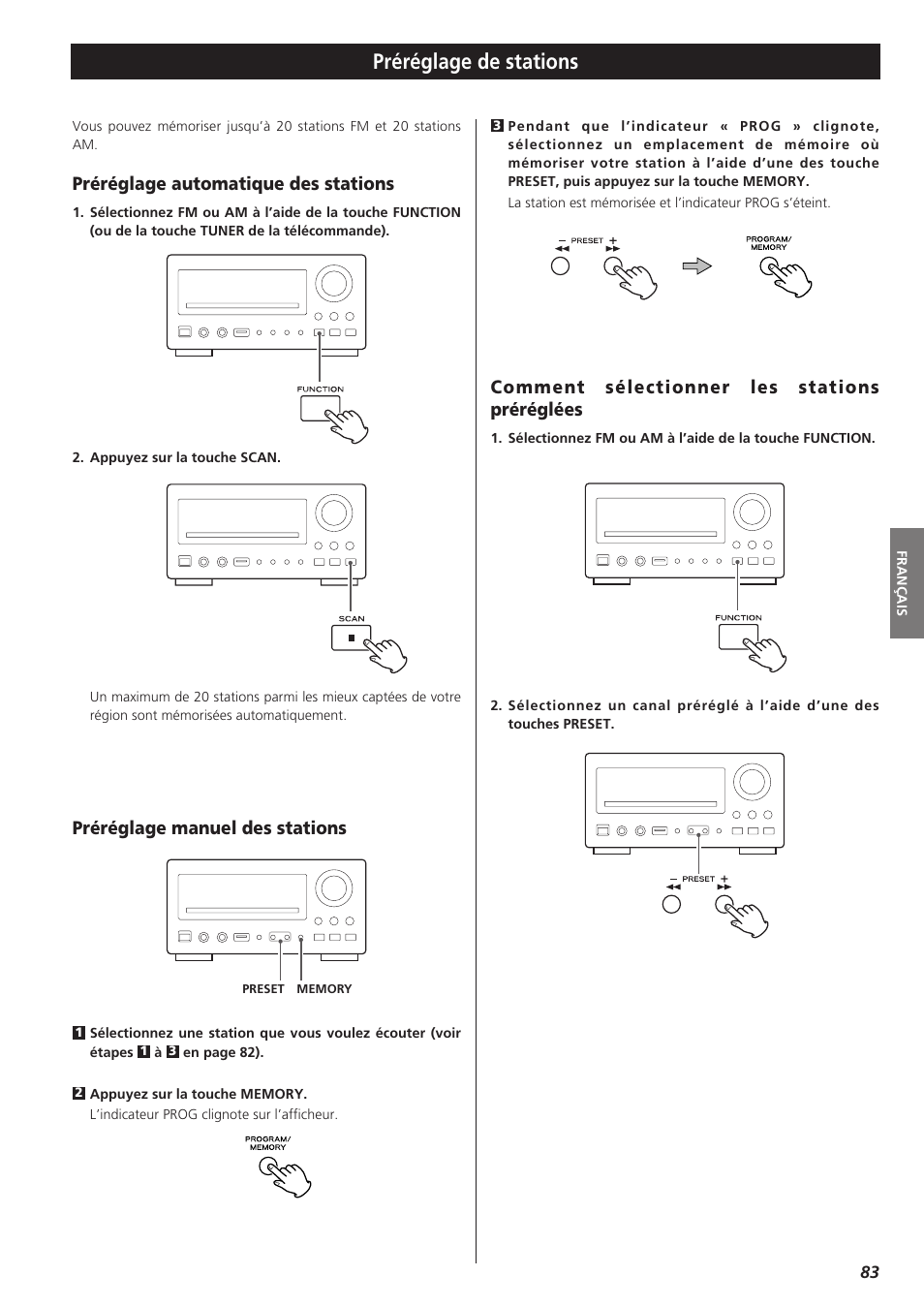 Préréglage de stations, Préréglage automatique des stations, Préréglage manuel des stations | Comment sélectionner les stations préréglées | Teac DR-H300 User Manual | Page 83 / 136