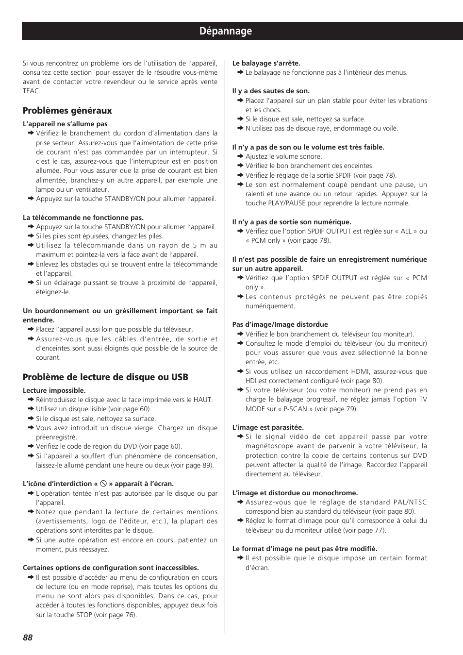 Dépannage, Problèmes généraux, Problème de lecture de disque ou usb | Teac DR-H300 User Manual | Page 88 / 136