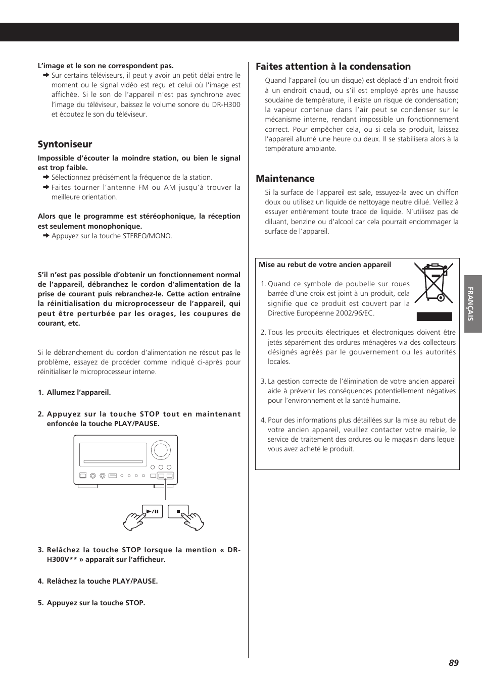 Syntoniseur, Faites attention à la condensation, Maintenance | Teac DR-H300 User Manual | Page 89 / 136