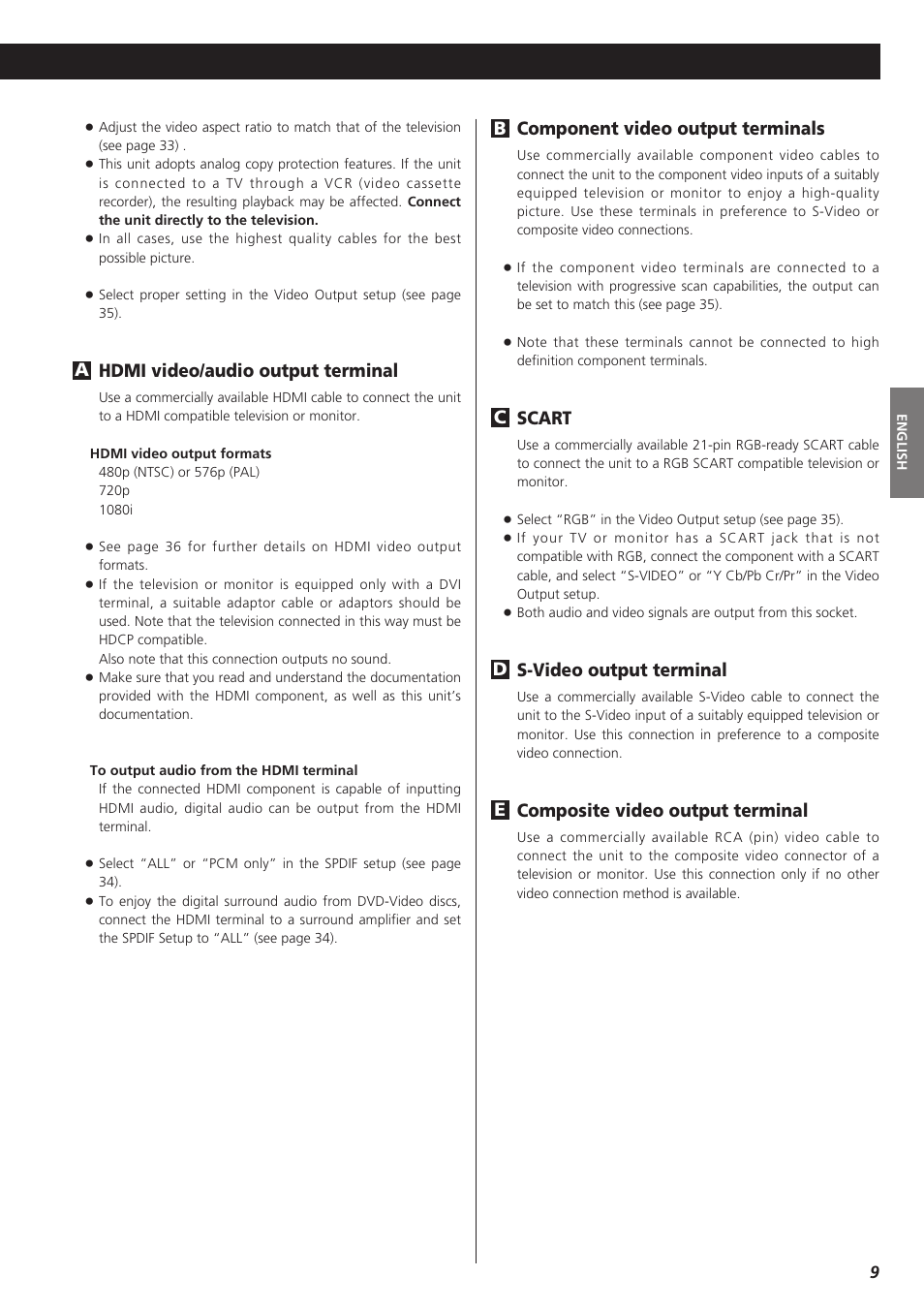 Component video output terminals, Scart, S-video output terminal | Composite video output terminal, Ed c b, Hdmi video/audio output terminal | Teac DR-H300 User Manual | Page 9 / 136