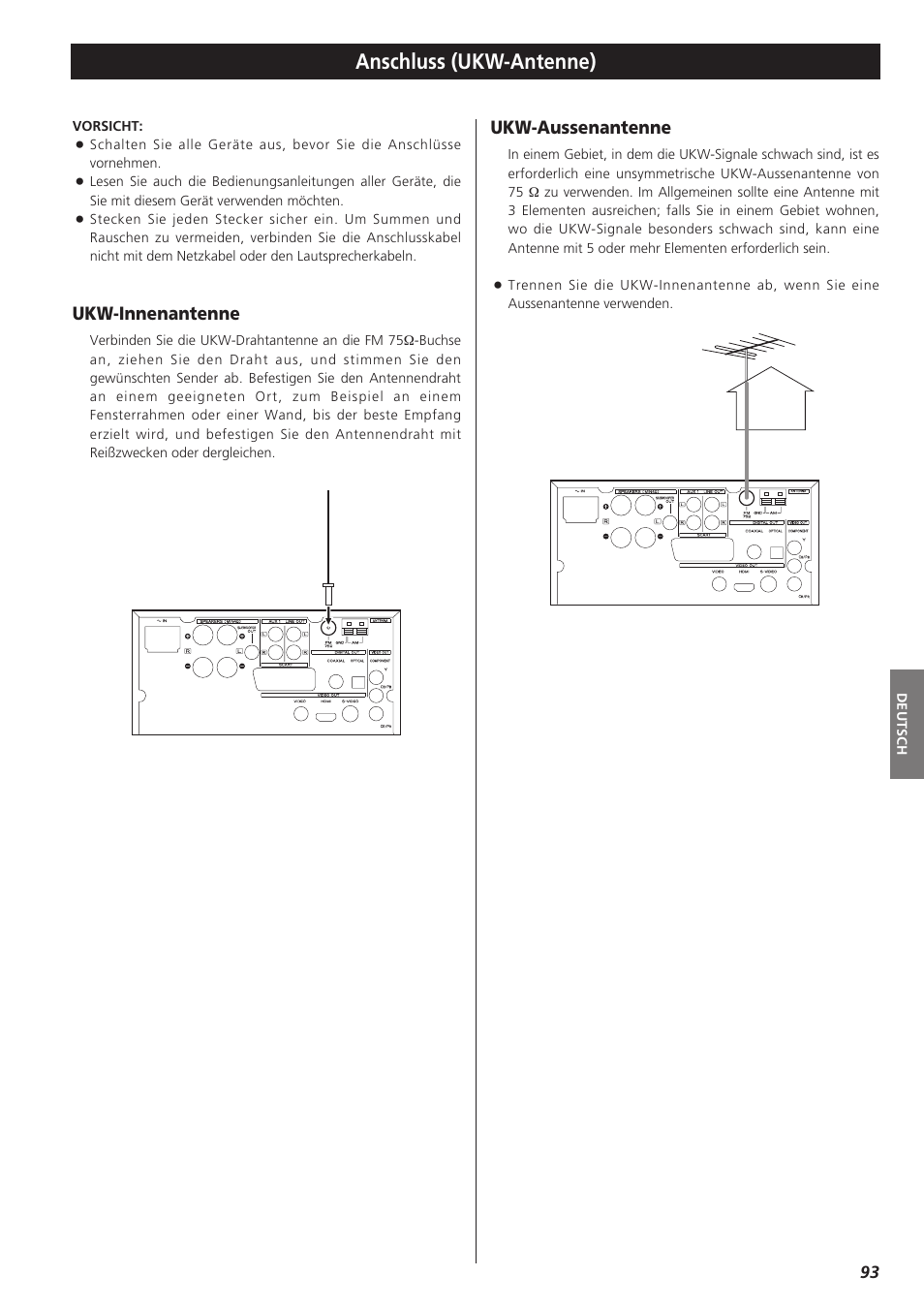 Anschluss (ukw-antenne), Ukw-innenantenne, Ukw-aussenantenne | Teac DR-H300 User Manual | Page 93 / 136