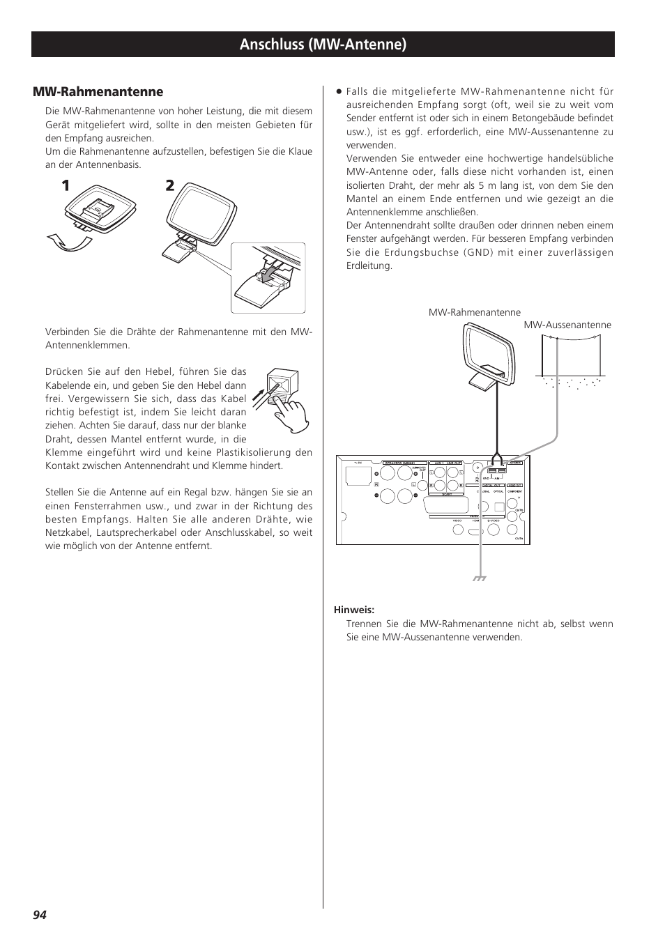 Anschluss (mw-antenne), Mw-rahmenantenne | Teac DR-H300 User Manual | Page 94 / 136