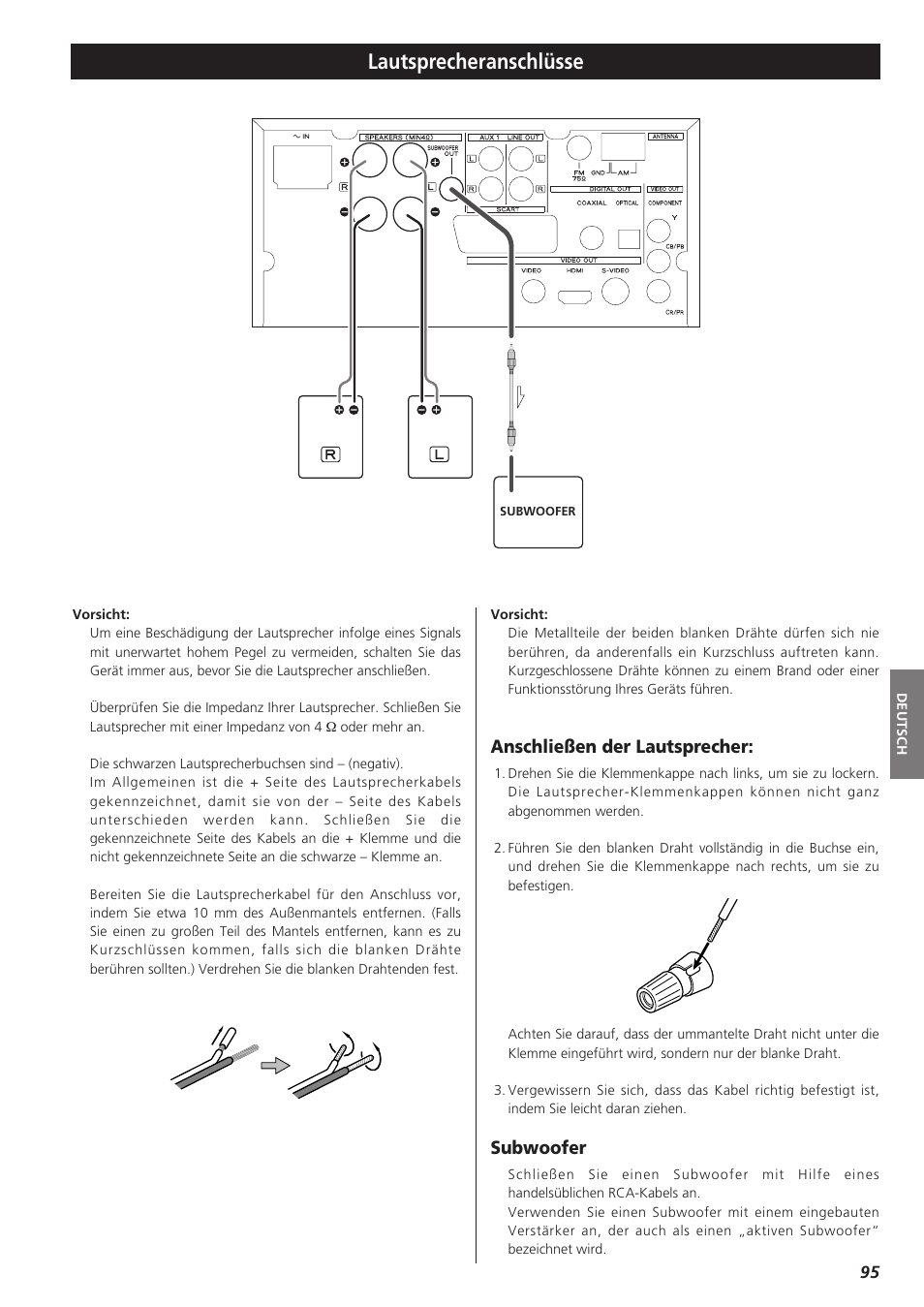 Lautsprecheranschlüsse, Anschließen der lautsprecher, Subwoofer | Teac DR-H300 User Manual | Page 95 / 136