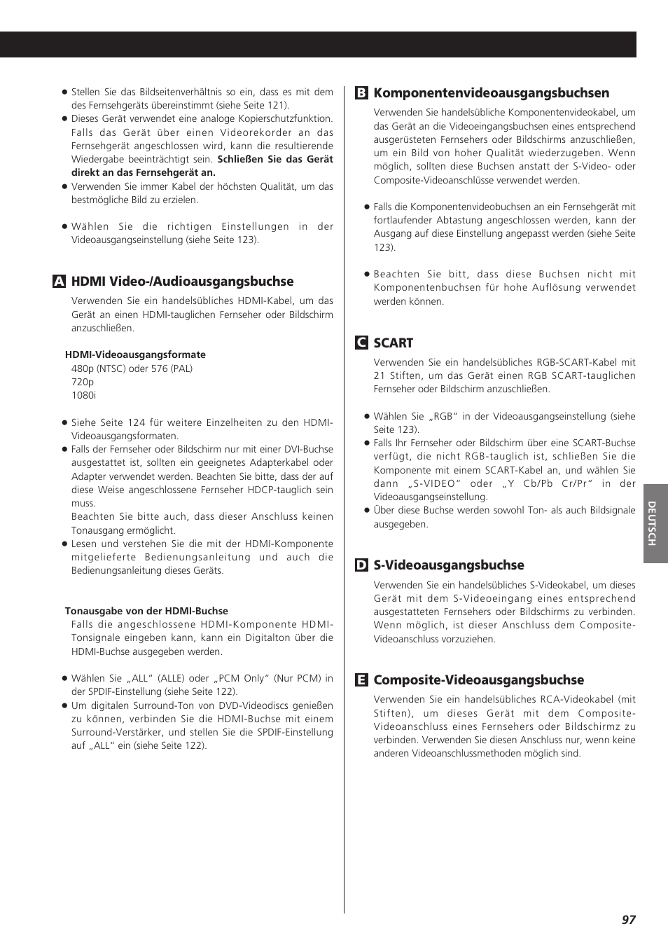 Komponentenvideoausgangsbuchsen, Scart, S-videoausgangsbuchse | Composite-videoausgangsbuchse, Ed c b, Hdmi video-/audioausgangsbuchse | Teac DR-H300 User Manual | Page 97 / 136