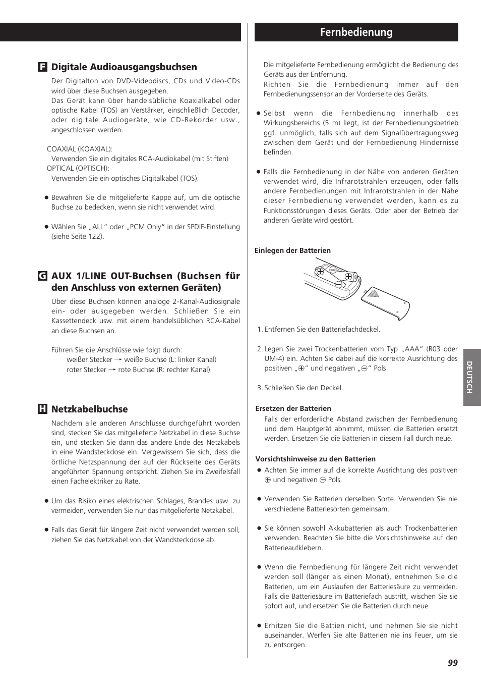 Fernbedienung, Digitale audioausgangsbuchsen, Netzkabelbuchse | Hg f | Teac DR-H300 User Manual | Page 99 / 136
