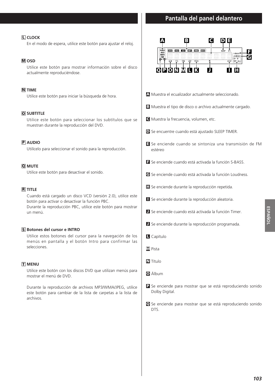 Pantalla del panel delantero | Teac DVD Receiver DR-H300 User Manual | Page 103 / 136