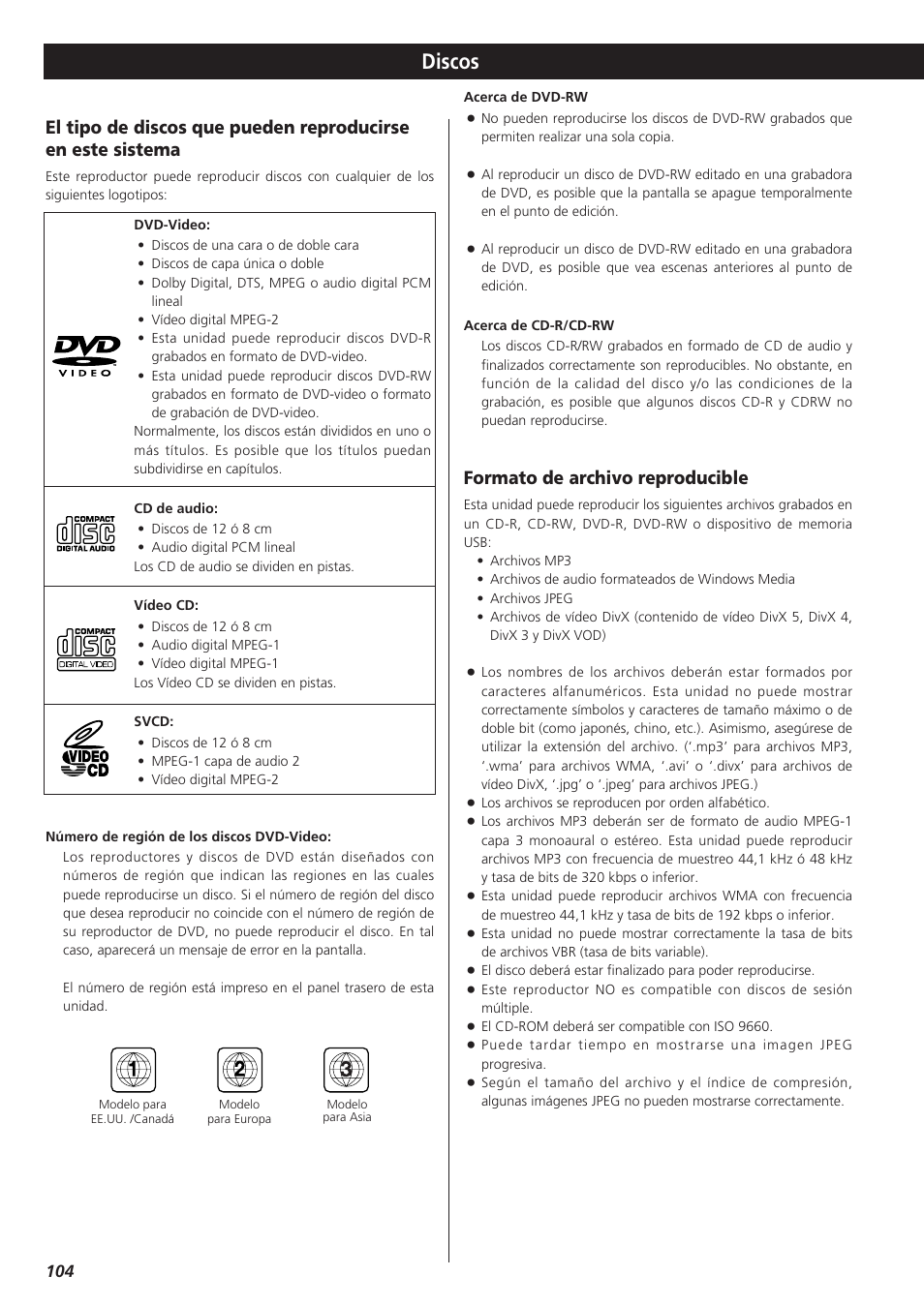 Discos, Formato de archivo reproducible | Teac DVD Receiver DR-H300 User Manual | Page 104 / 136