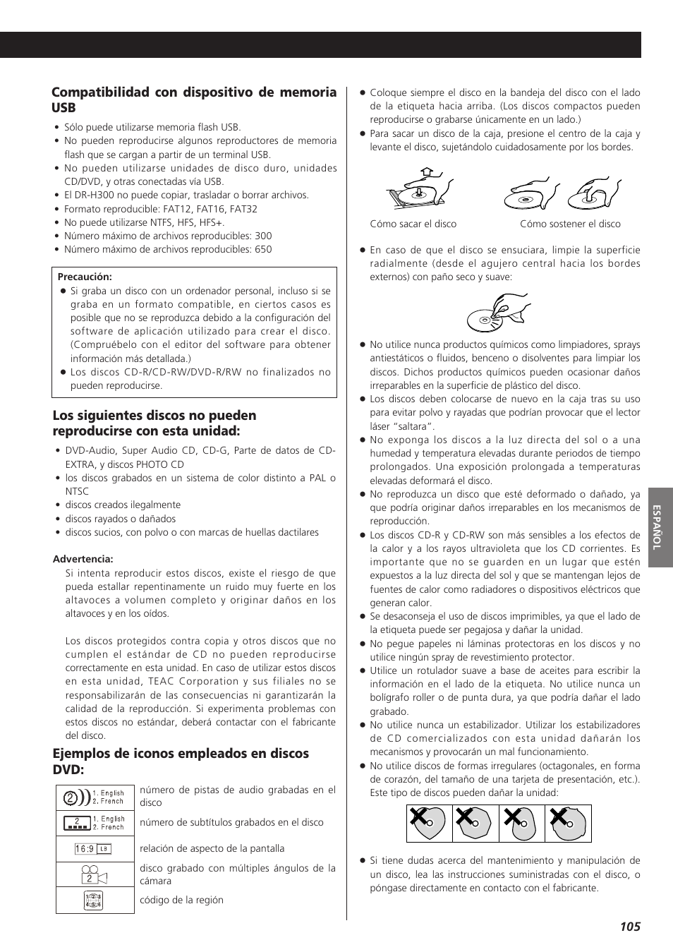 Ejemplos de iconos empleados en discos dvd | Teac DVD Receiver DR-H300 User Manual | Page 105 / 136