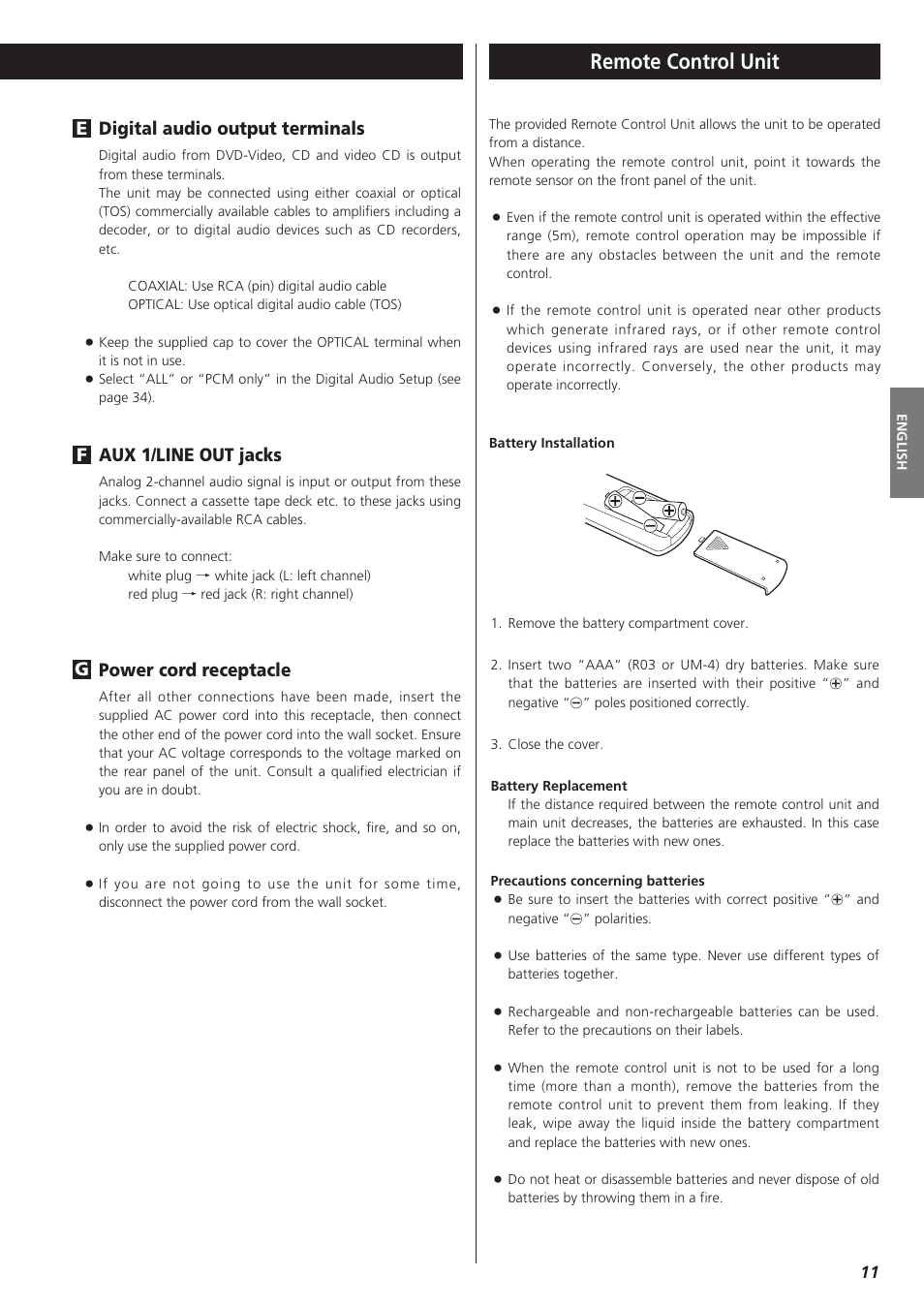 Remote control unit, Digital audio output terminals, Aux 1/line out jacks | Power cord receptacle, Gf e | Teac DVD Receiver DR-H300 User Manual | Page 11 / 136
