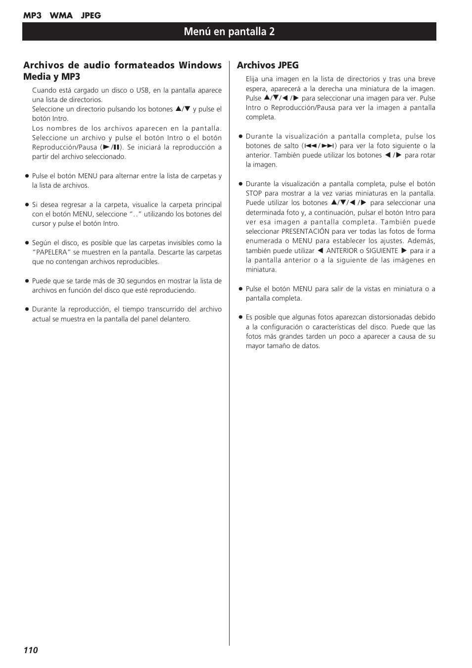 Menú en pantalla, Menú en pantalla 2, Archivos jpeg | Archivos de audio formateados windows media y mp3 | Teac DVD Receiver DR-H300 User Manual | Page 110 / 136