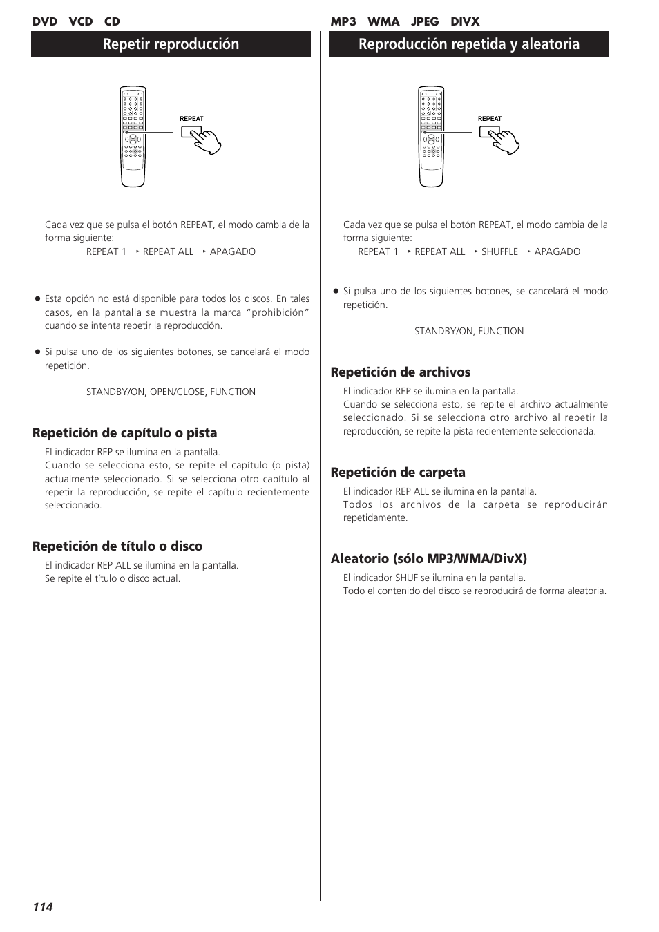 Repetir reproducción, Reproducción repetida y aleatoria | Teac DVD Receiver DR-H300 User Manual | Page 114 / 136