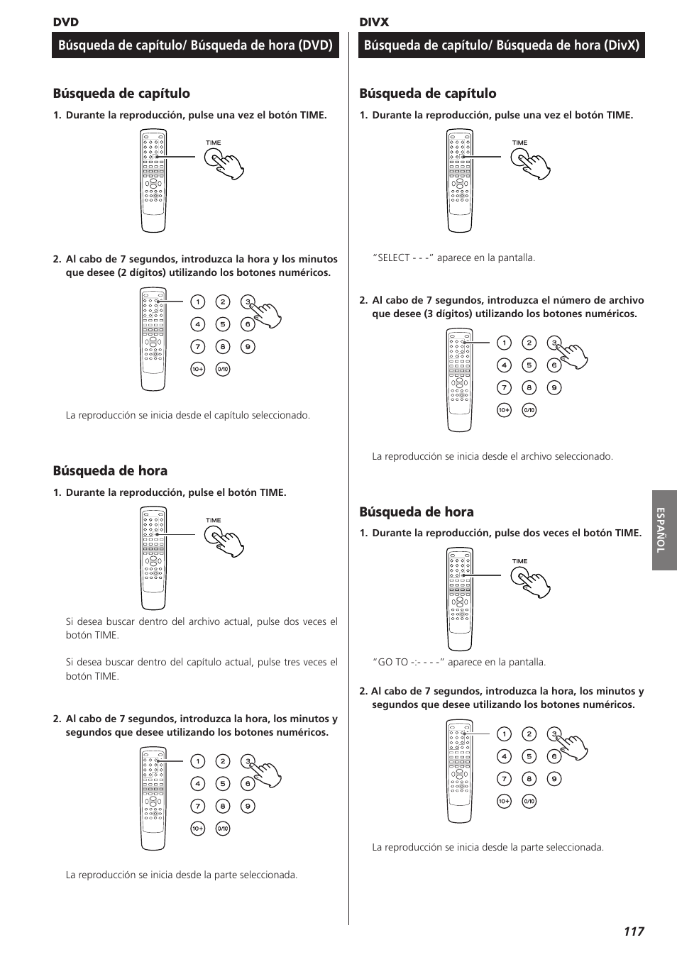 Búsqueda de capítulo/ búsqueda de hora, Búsqueda de hora, Búsqueda de capítulo | Búsqueda de capítulo/ búsqueda de hora (divx) | Teac DVD Receiver DR-H300 User Manual | Page 117 / 136