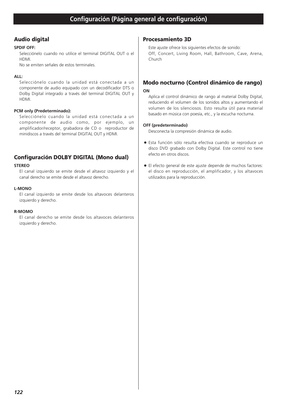 Audio digital, Configuración dolby digital (mono dual), Procesamiento 3d | Modo nocturno (control dinámico de rango), Configuración (página general de configuración) | Teac DVD Receiver DR-H300 User Manual | Page 122 / 136