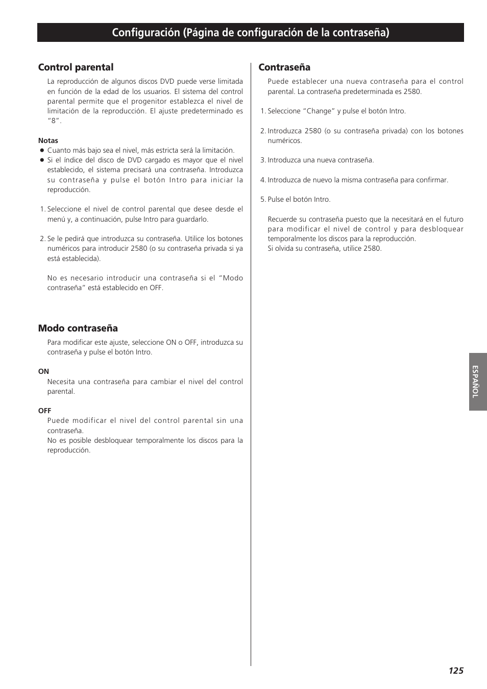 Control parental, Modo contraseña, Contraseña | Teac DVD Receiver DR-H300 User Manual | Page 125 / 136