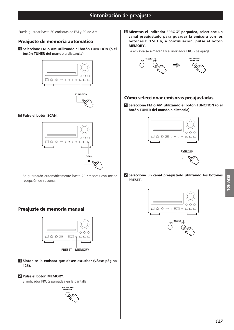 Sintonización de preajuste, Cómo seleccionar emisoras preajustadas | Teac DVD Receiver DR-H300 User Manual | Page 127 / 136