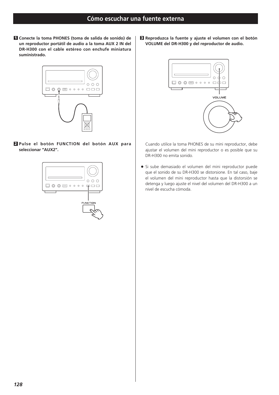 Cómo escuchar una fuente externa | Teac DVD Receiver DR-H300 User Manual | Page 128 / 136