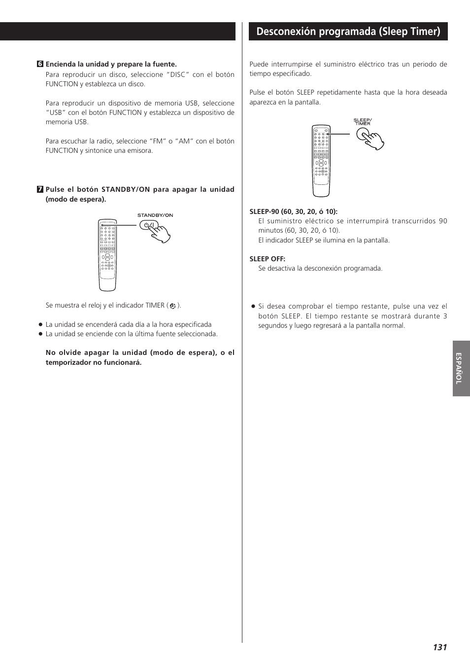 Desconexión programada (sleep timer) | Teac DVD Receiver DR-H300 User Manual | Page 131 / 136