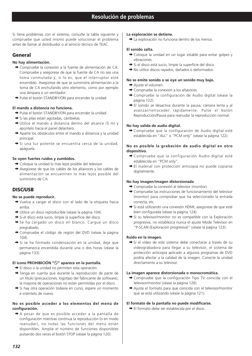 Resolución de problemas, General, Disc/usb | Teac DVD Receiver DR-H300 User Manual | Page 132 / 136