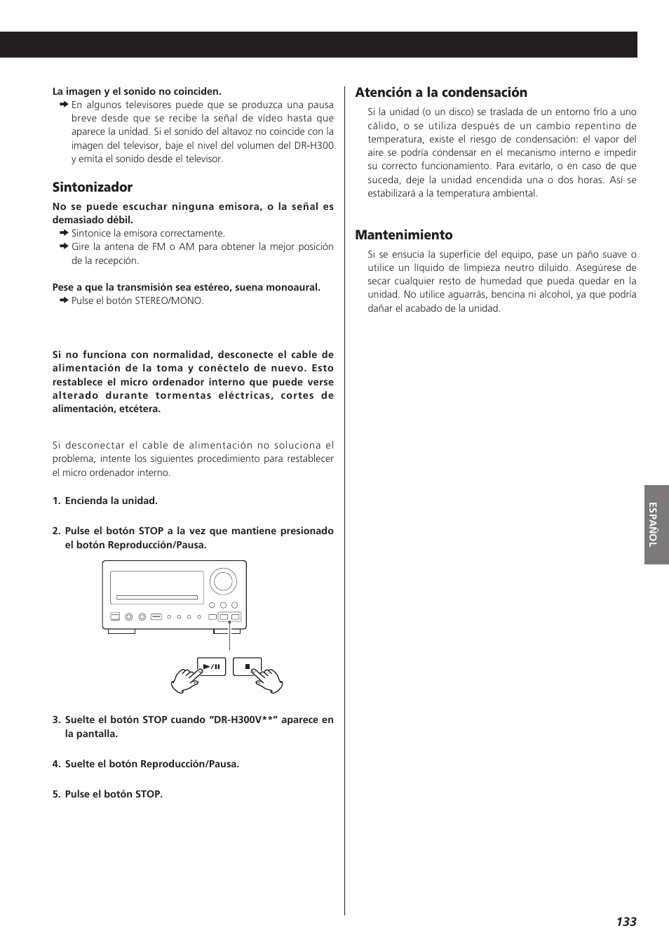 Sintonizador, Atención a la condensación, Mantenimiento | Teac DVD Receiver DR-H300 User Manual | Page 133 / 136