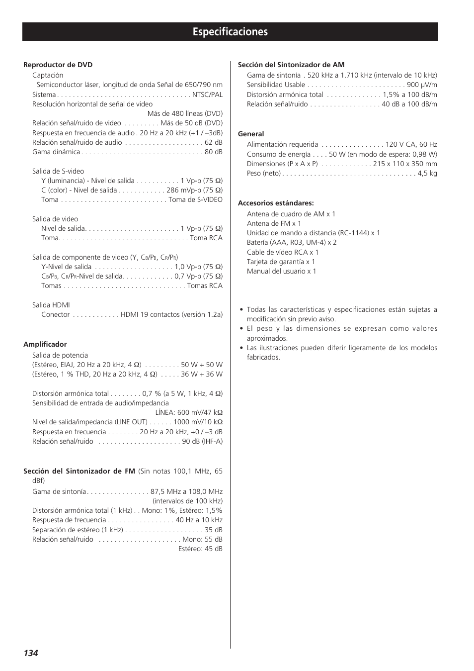 Especificaciones | Teac DVD Receiver DR-H300 User Manual | Page 134 / 136