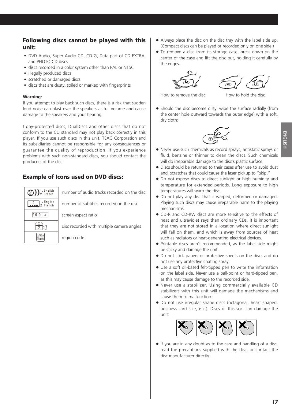 Following discs cannot be played with this unit, Example of icons used on dvd discs | Teac DVD Receiver DR-H300 User Manual | Page 17 / 136