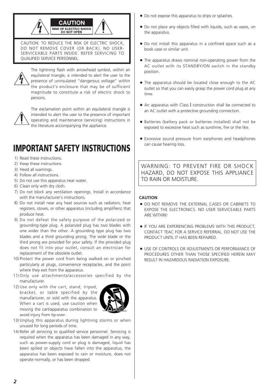 Important safety instructions | Teac DVD Receiver DR-H300 User Manual | Page 2 / 136