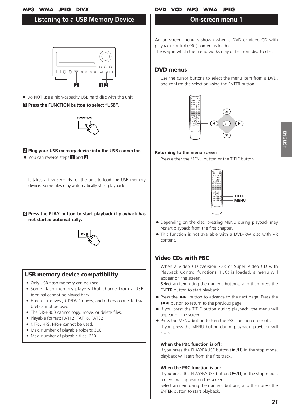 Listening to a usb memory de, On-screen menu, Listening to a usb memory device | On-screen menu 1, Video cds with pbc, Dvd menus | Teac DVD Receiver DR-H300 User Manual | Page 21 / 136