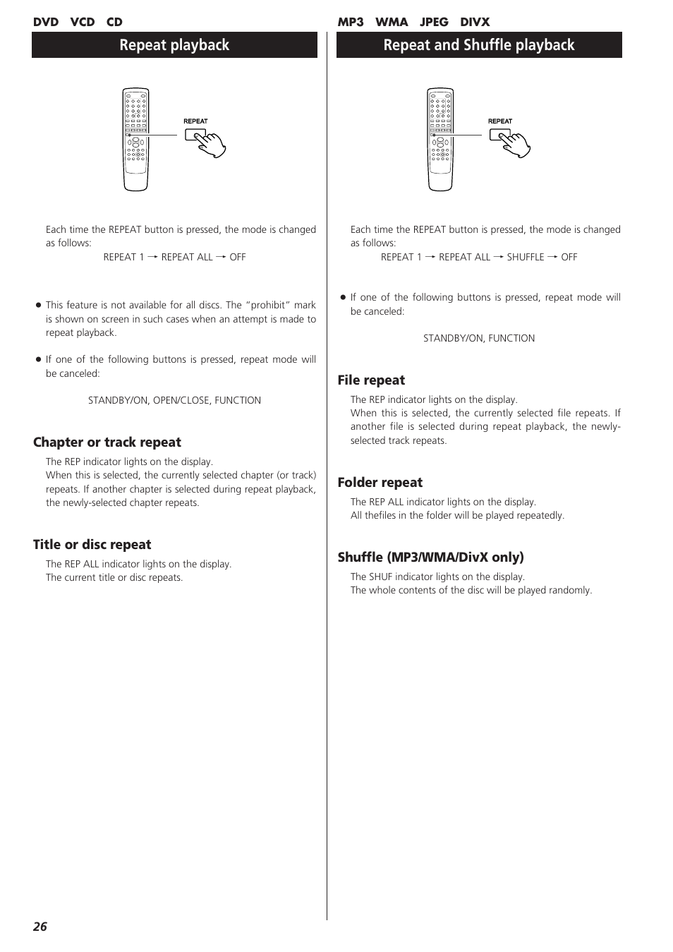 Repeat playback, Repeat and shuffle playback | Teac DVD Receiver DR-H300 User Manual | Page 26 / 136