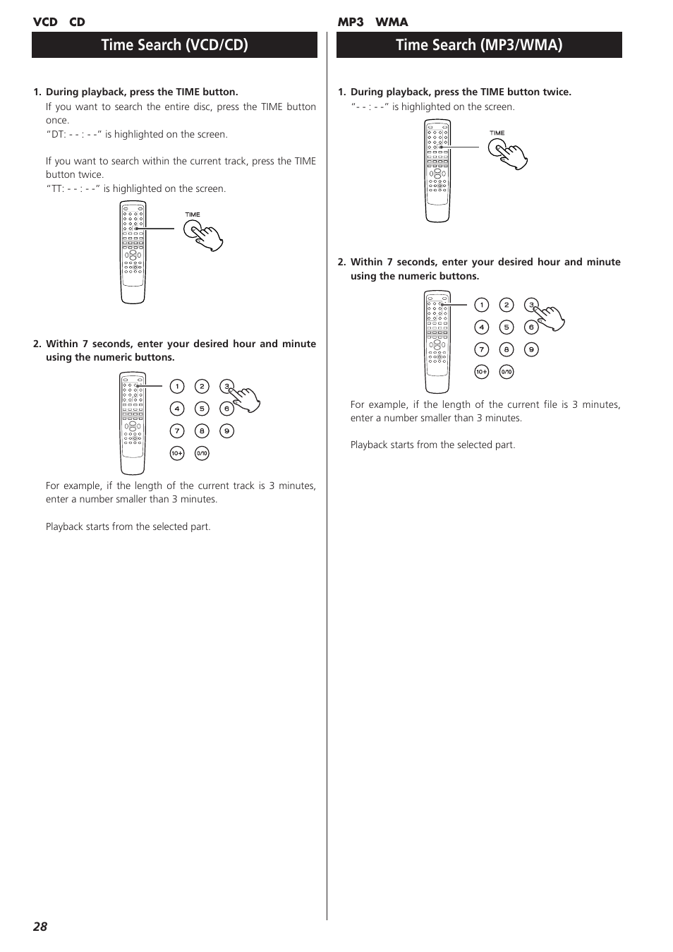 Time search, Time search (vcd/cd), Time search (mp3/wma) | Teac DVD Receiver DR-H300 User Manual | Page 28 / 136