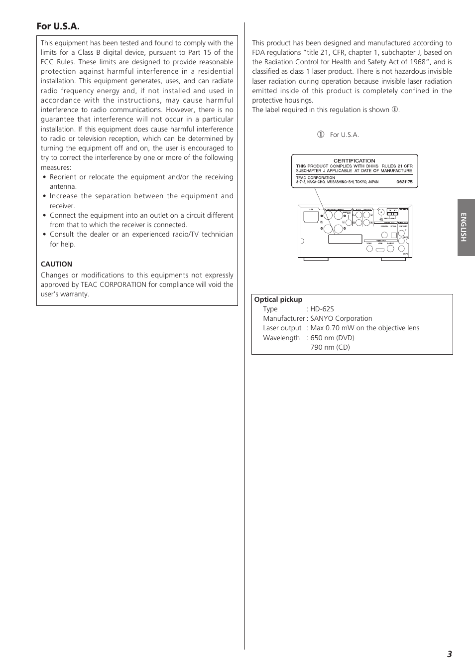 For u.s.a | Teac DVD Receiver DR-H300 User Manual | Page 3 / 136