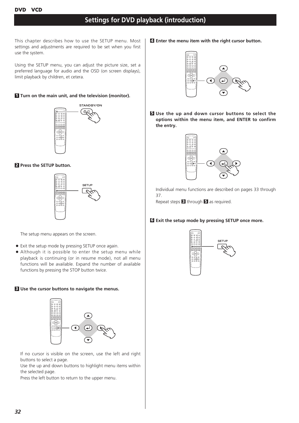 Settings for dvd playback, Settings for dvd playback (introduction) | Teac DVD Receiver DR-H300 User Manual | Page 32 / 136