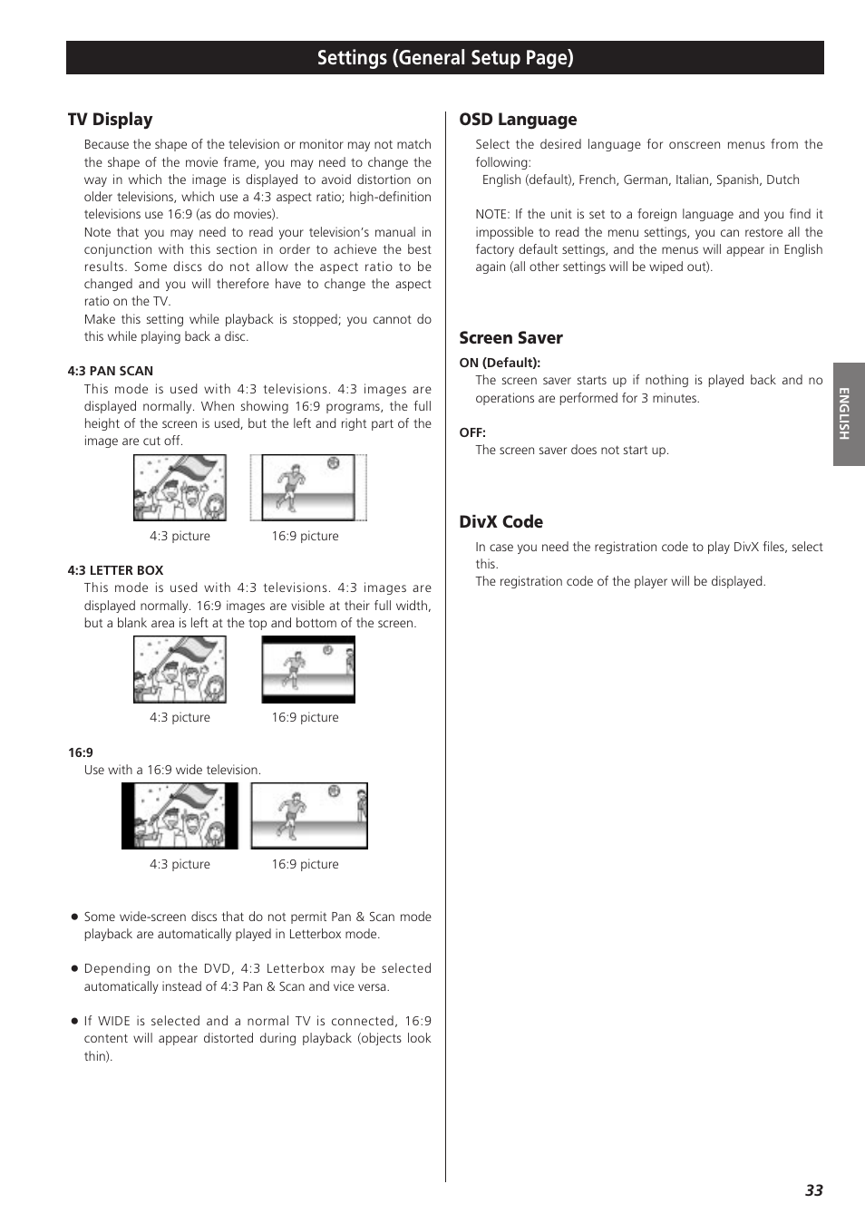 Tv display, Osd language, Screen saver | Divx code, Settings (general setup page) | Teac DVD Receiver DR-H300 User Manual | Page 33 / 136